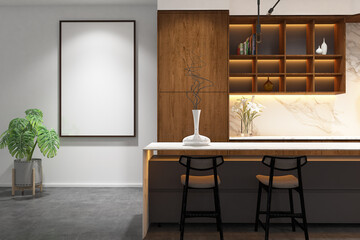3d rendering of pantry interior with island table and frame mock up. Concrete cement floor with white marble and wooden cabinet. Set 8