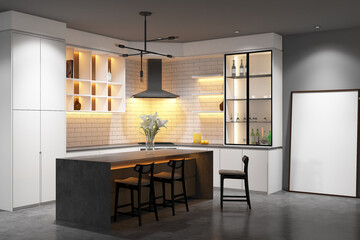 3d rendering of pantry interior with island table and frame mock up. Concrete cement floor with white ceramic  and white, wooden cabinet. Set 10