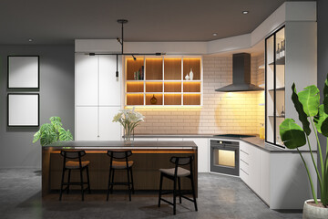 3d rendering of pantry interior with island table and frame mock up. Concrete cement floor with white ceramic and white, wooden cabinet. Set9