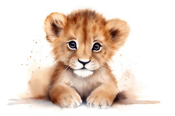 Cute lion cub isolated on white background. Watercolor illustration.