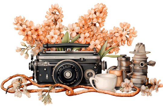 Vintage camera, camera, coffee cup and flowers isolated on white background