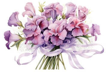 Beautiful vector watercolor bouquet with iris flowers and ribbons