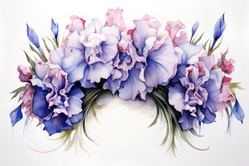Beautiful bouquet of iris flowers. Watercolor illustration.