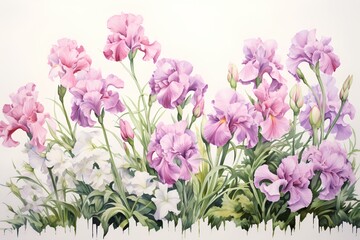 Obraz premium Beautiful bouquet of iris flowers. Watercolor illustration.