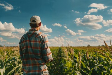 a farmer surveys farm land, looking at crops