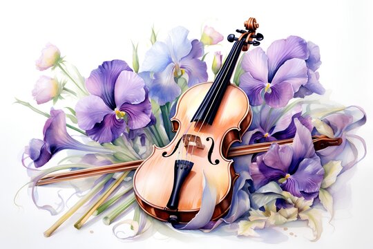 Watercolor illustration of a violin and iris flowers on white background