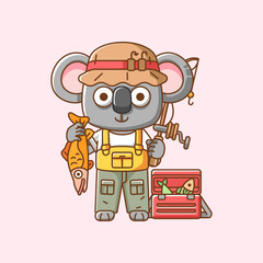 Cute koala fisher fishing animal chibi character mascot icon flat line art style illustration concept cartoon