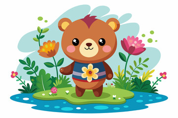 Obraz na płótnie Canvas Charming cartoon bear adorned with flowers, exuding joy and innocence.