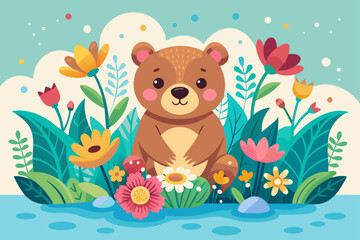 Charming bears with flowers on a white background.