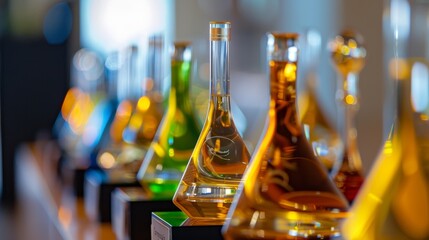 A display of various awards and trophies each recognizing different individuals and organizations for their contributions to the advancement of biofuel technology. .