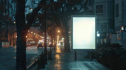 Fototapeta premium Mockup. Blank white vertical advertising banner billboard stand on the sidewalk at night