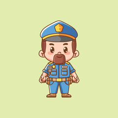Cute police officer uniform beard kawaii chibi character mascot illustration outline style design