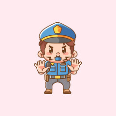Cute police officer uniform blow whistle kawaii chibi character mascot illustration outline style design