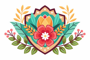 Fototapeta na wymiar Charming badge with colorful flowers adorning a white background.