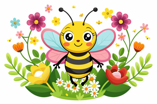 A charming bee cartoon animal with flowers on a white background.