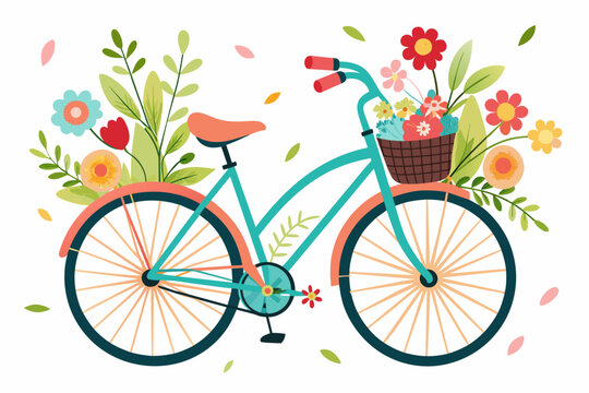Charming bicycle cartoon adorned with flowers on a white background.