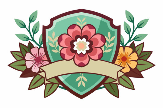 Charming badge adorned with vibrant flowers against a pristine white backdrop.