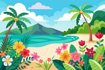 Fototapeta na wymiar Charming beach with vibrant flowers against a pristine white backdrop.