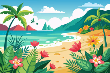 A charming beach scene with vibrant flowers adorning a white background.