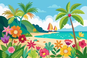 Fototapeta na wymiar Charming beach with colorful flowers blooming on a white sandy background.