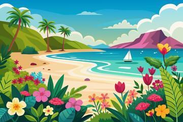 Fototapeta na wymiar Charming beach with flowers on a white background.