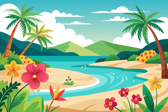 Charming beach with vibrant flowers blooming against a pristine white backdrop.