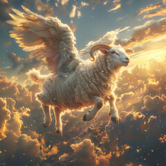  Flying white sheep with white wings in the sunset sky