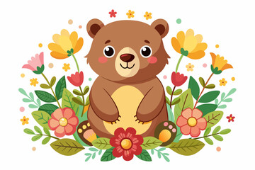 A charming cartoon bear holding a bouquet of flowers on a white background.