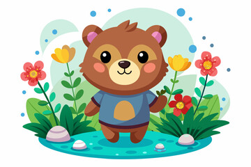Obraz na płótnie Canvas A charming cartoon bear holds a bouquet of flowers in its paws.