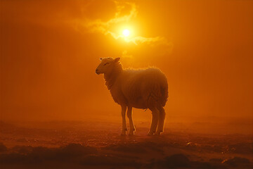 A white sheep  in the  field at foggy sunset Eid Al-Adha greeting scene