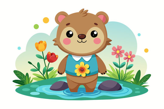 Charming bear cartoon with flowers on a white background.