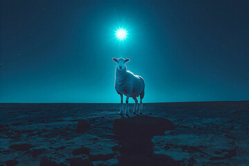  a sheep  at blue night with moon. Eid Al-Adha greeting scene