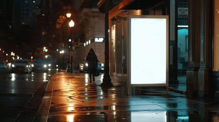 Mockup. Blank white vertical advertising banner billboard stand on the sidewalk at night