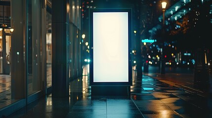 Mockup. Blank white vertical advertising banner billboard stand on the sidewalk at night