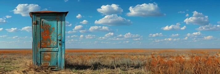 An old Russian outhouse stands out against a backdrop of vast, golden wheat fields, telling stories of bygone days.