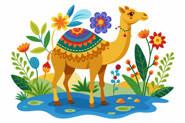 Charming camel animal with colorful flowers on a white background.