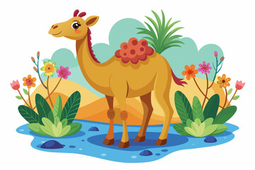 Charming camel with flowers on a white background.