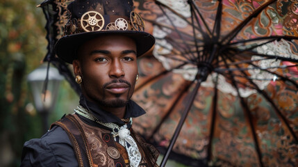 A black man is the epitome of steampunk fashion with outerwear adorned with gears and clockwork. His lace umbrella adds a touch of romance to his ensemble while a corseted vest and .