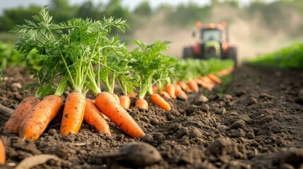 Bountiful harvest of fresh carrots in fertile soil with tractor in background, symbolizing sustainable farming and agricultural abundance.