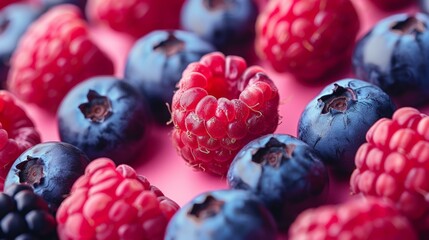 Vibrant mixed raspberries and blueberries on pink background, healthy eating concept, fresh summer berries, antioxidant food, fruit close-up.