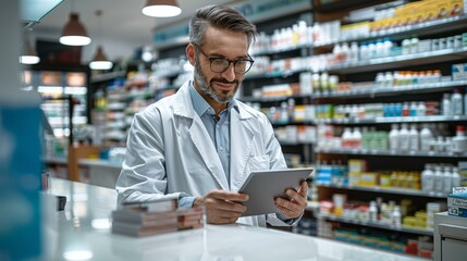 Fototapeta premium Professional Caucasian pharmacist with beard using tablet in modern pharmacy, wearing glasses and white lab coat, blue tones.