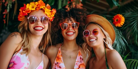 Vibrant summer portrait of three diverse women with colorful sunglasses and floral accessories, smiling against tropical foliage background.