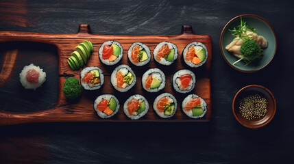 Fresh sushi rolls with wasabi and ginger
