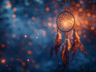 A dream catcher is suspended on a string, with soft lights glowing in the background, creating a magical and mystical ambiance. - obrazy, fototapety, plakaty