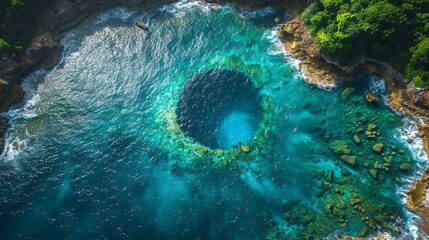 Breathtaking aerial view of unique geological formation, blue sea, greenery, summer travel...