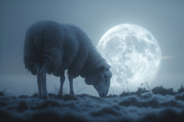 A sheep against moon at blue night. Eid Al-Adha greeting scene