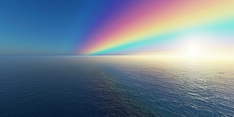 Vibrant rainbow over tranquil blue ocean at sunrise, serene nature background, concept of hope and renewal. Copy space.