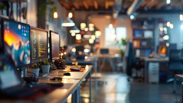 A blurry backdrop of a bustling software lab with the vibrant glow of digital displays and the hum of machines filling the space with energy and innovation. .