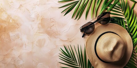 Serene summer vacation concept with one straw hat, sunglasses, and palm leaves on pastel...