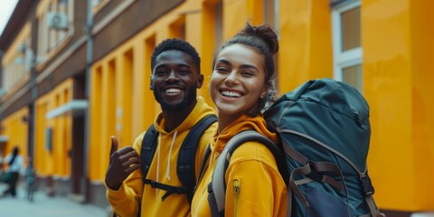 Fototapeta premium Cheerful young African couple with backpacks smiling on urban adventure, yellow theme, travel and exploration concept.